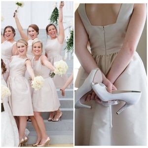 Champagne Colored Square Neck Bridesmaids Cocktail Mini Dress with pockets